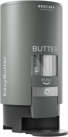 Grauer Butterspender EasyButter Pro mit Knopf zur einfachen Portionierung von Butter. 