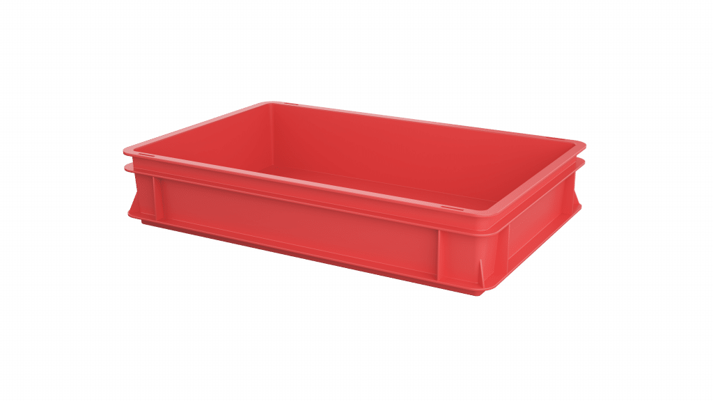 Ein roter Aufbewahrungsbehälter aus Kunststoff mit geraden Seiten und ohne Deckel, vor einem schlichten weißen Hintergrund.