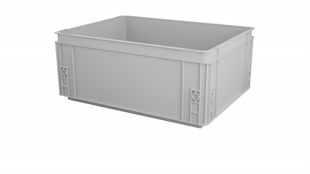 Eine große, leere, rechteckige graue Kunststoffkiste mit verstärkten Seiten und ohne Deckel, die auf einem schlichten weißen Hintergrund abgebildet ist.
