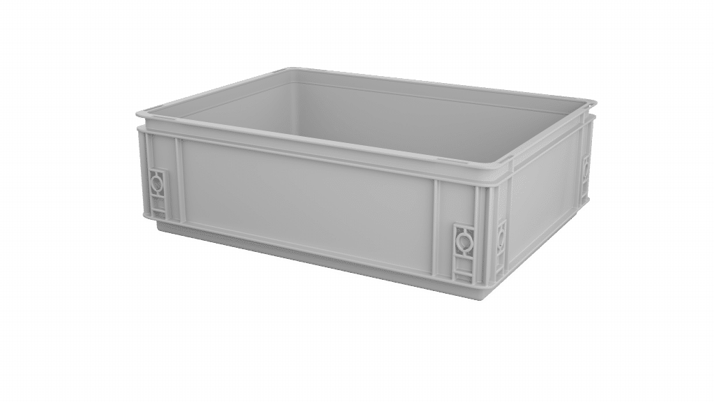 Ein weißer Kunststoffbehälter mit weißem Hintergrund.
