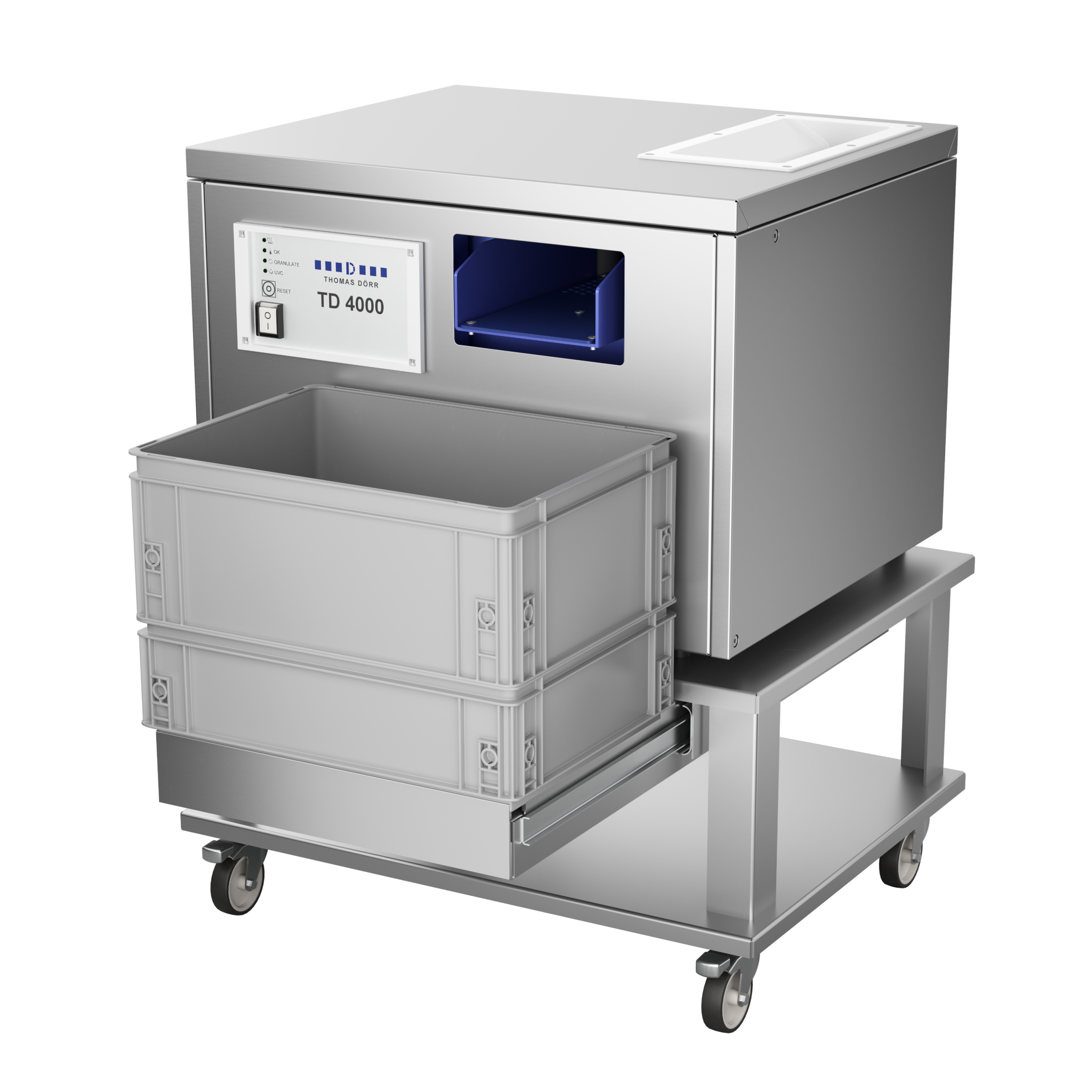 TD4000 cutlery polishing machine shown in perspective and with accessories.