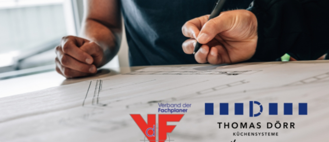 Two people work on architectural plans at a desk, one holding a pen over the drawings. The image features the logos of Verband der Fachplaner and Thomas Dörr Küchensysteme in the foreground.
