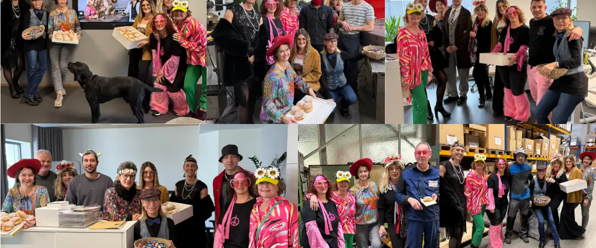 Bildcollage mit verschiedenen Karnevalsgruppenbildern und verkleideten Personen.