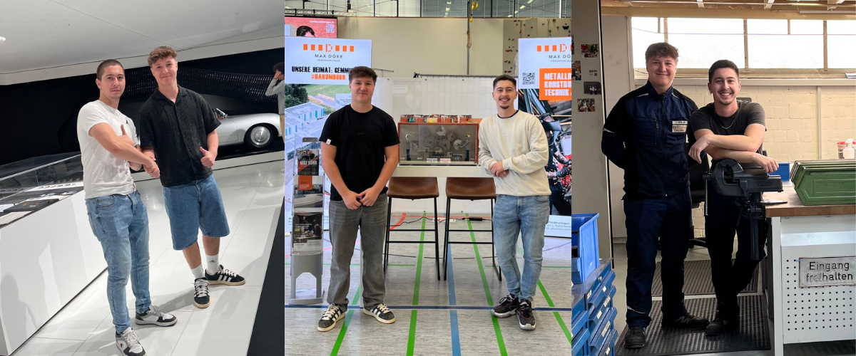 Bildcollage aus 3 Bildern von zwei Auzubildenden in verschiedenen Situationen. Azubimesse, Azubiausflug und Werkbank.