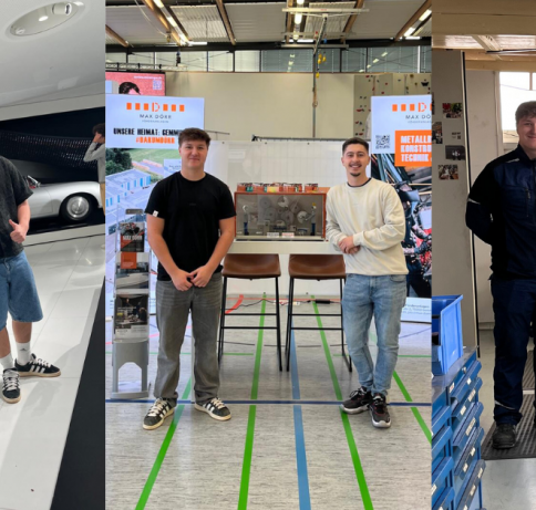 Bildcollage aus 3 Bildern von zwei Auzubildenden in verschiedenen Situationen. Azubimesse, Azubiausflug und Werkbank.