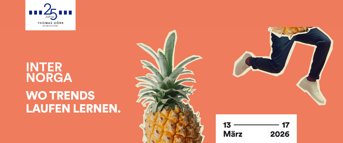 Bild mit Design der Messe, Thomas Dörr und Internorga Logo und Zeitraum, wann die Messe stattfindet.