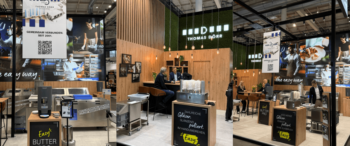 Eine Collage aus drei Messebildern vom Messestand mit Maschinen und Personen.