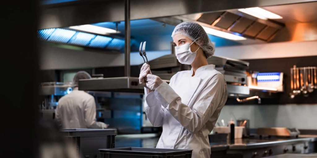 Frau mit Mundschutz prüft Gabeln