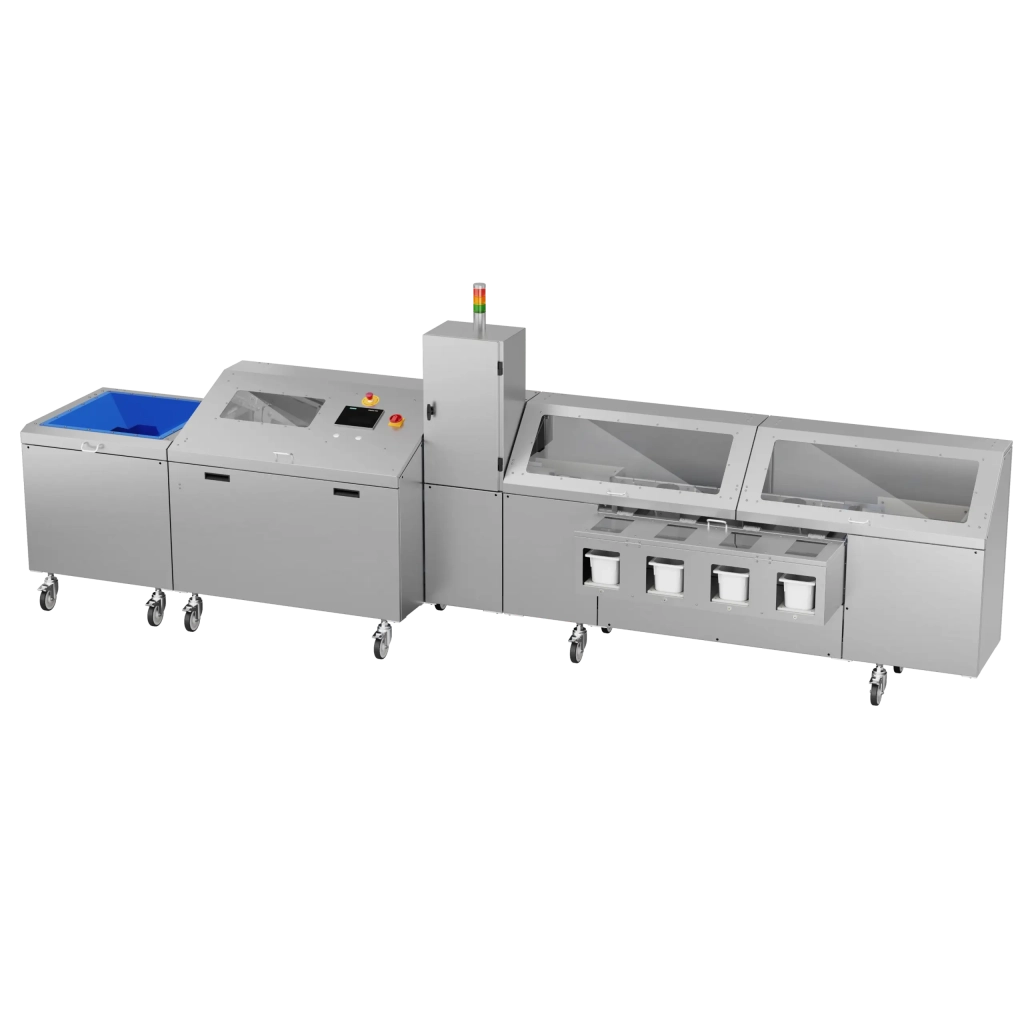 Eine große industrielle Lebensmittelverarbeitungsmaschine aus rostfreiem Stahl mit transparenten Deckeln, Bedienfeld, Vorratsbehältern und Rädern für die Mobilität, die für die automatische Handhabung und Zubereitung konzipiert ist.