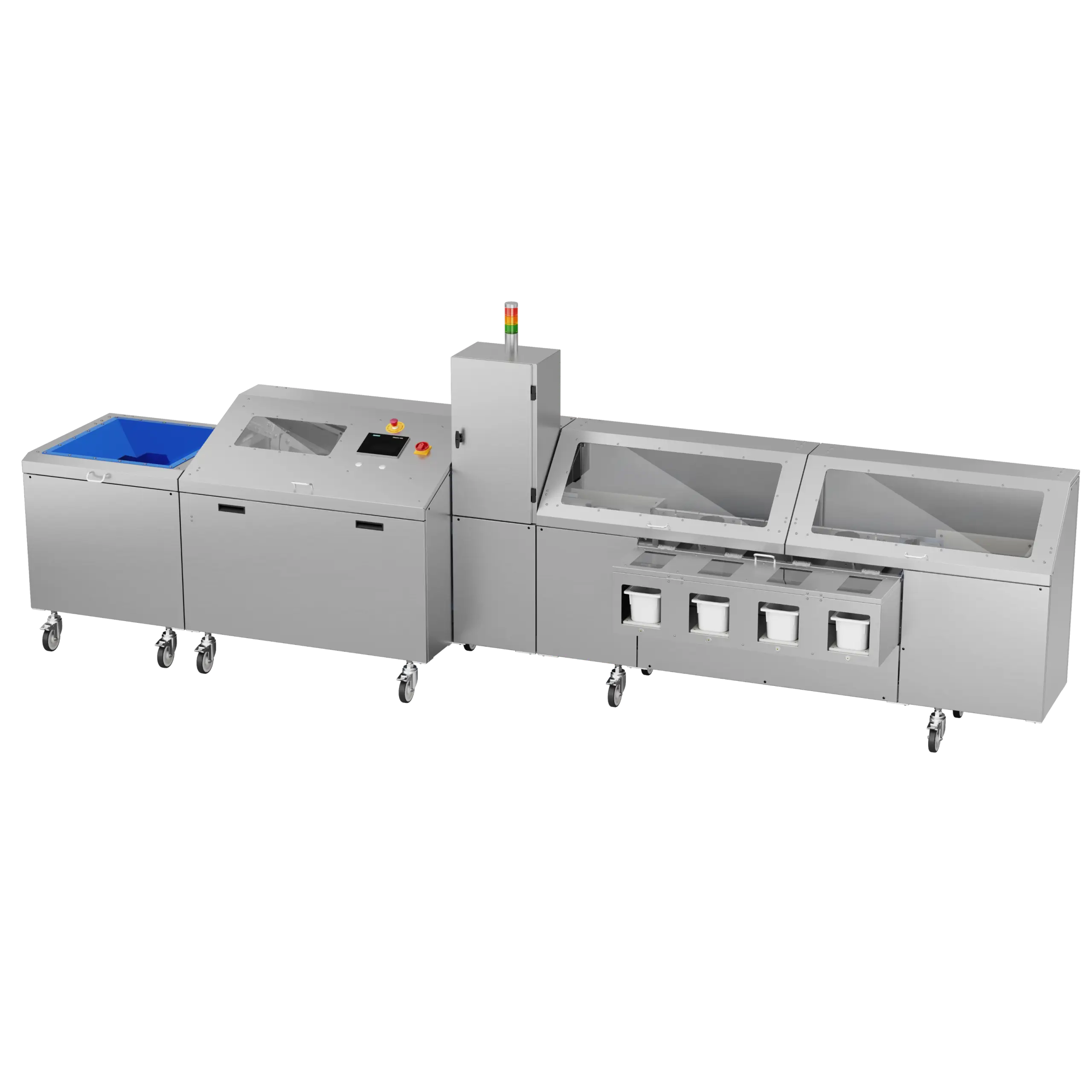 Eine große industrielle Lebensmittelverarbeitungsmaschine aus rostfreiem Stahl mit transparenten Deckeln, Bedienfeld, Vorratsbehältern und Rädern für die Mobilität, die für die automatische Handhabung und Zubereitung konzipiert ist.