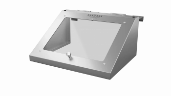 Ein Gehäuse aus rostfreiem Stahl mit einer abgeschrägten, transparenten Frontplatte und einem kleinen Drehknopf, das zum Schutz und zur Anzeige von Schalttafeln oder Bildschirmen dient.