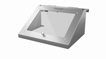 Eine Vitrine aus Edelstahl mit einer schrägen, transparenten Frontplatte, einem Klappdeckel und einem Knaufgriff, die für den Einsatz auf der Theke konzipiert ist.