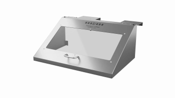 Ein Gehäuse aus rostfreiem Stahl mit einer transparenten Frontplatte, einem Griff an der Unterseite und dem Markennamen "Thomas Dörr" oberhalb des Fensters. Das Gehäuse ist abgewinkelt und hat oben Befestigungsklammern.