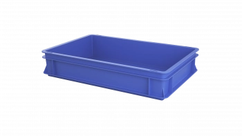 Ein blauer, rechteckiger Aufbewahrungsbehälter aus Kunststoff mit leicht erhöhten Seiten auf weißem Hintergrund. Der Behälter scheint leer zu sein und hat gerippte Details an den Rändern.