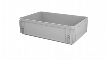 Ein grauer, rechteckiger Aufbewahrungsbehälter aus Kunststoff mit geraden Seiten und ohne Deckel, vor einem schlichten weißen Hintergrund.