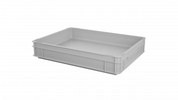 Ein schlichter, hellgrauer, rechteckiger Aufbewahrungsbehälter aus Kunststoff mit kurzen Seiten und offener Oberseite, auf weißem Hintergrund.