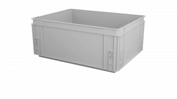 Eine große, leere, rechteckige graue Kunststoffkiste mit verstärkten Seiten und ohne Deckel, die auf einem schlichten weißen Hintergrund abgebildet ist.