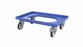 Ein blauer, rechteckiger Kunststoffwagen mit vier Lenkrollen, der für den Transport schwerer Gegenstände konzipiert ist. Der Rahmen hat eine offene Mitte und abgerundete Ecken.