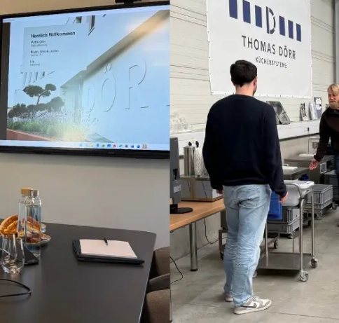 Collage mit zwei Bildern, links Besprechungsraum mit Verpfelgung auf dem Tisch und Startbildschirm einer Präsentation an einem großen Bildschirm an der Wand, rechts Gruppe mit Personen in der Fertigungshalle bespricht sich an einer Maschine.