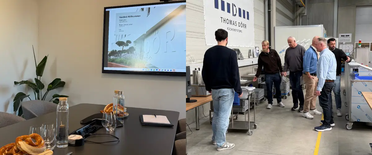 Collage mit zwei Bildern, links Besprechungsraum mit Verpfelgung auf dem Tisch und Startbildschirm einer Präsentation an einem großen Bildschirm an der Wand, rechts Gruppe mit Personen in der Fertigungshalle bespricht sich an einer Maschine.