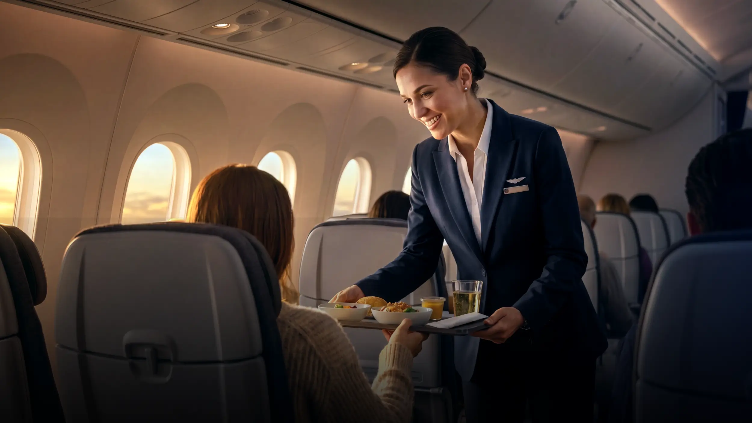 Stewardess bring Tablett mit Essen und Trinken zu Passagier an den Platz