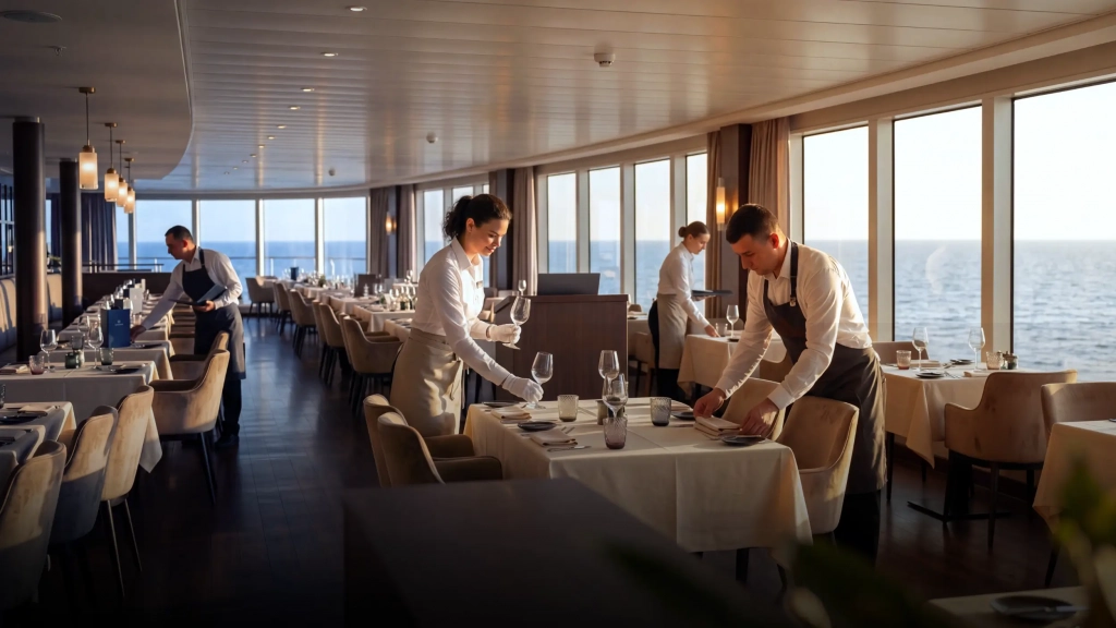 Schiffrestaurant werden von drei Servicekräften Tische eingedeckt.
