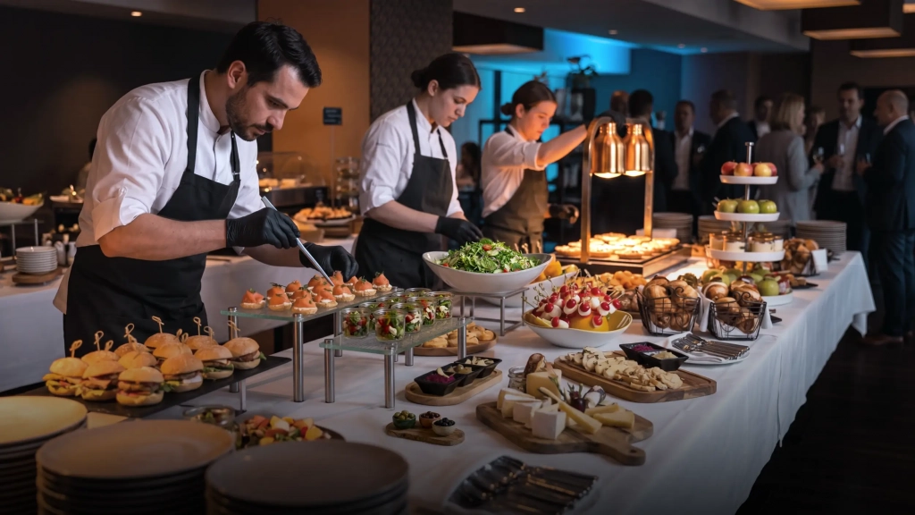 Aufgebautes Buffet in einem Restaurant oder auf einem Event, Kellner richten etwas an, im Hintergrund Personen/Gäste