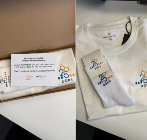 Collage aus 4 Bildern mit Mailing, Bild 1: Karton verpackt, Bild 2: Karton aufgeklappt, Bild 3: Shirt und Tennissocken, Bild 4: Rückseite Shirt