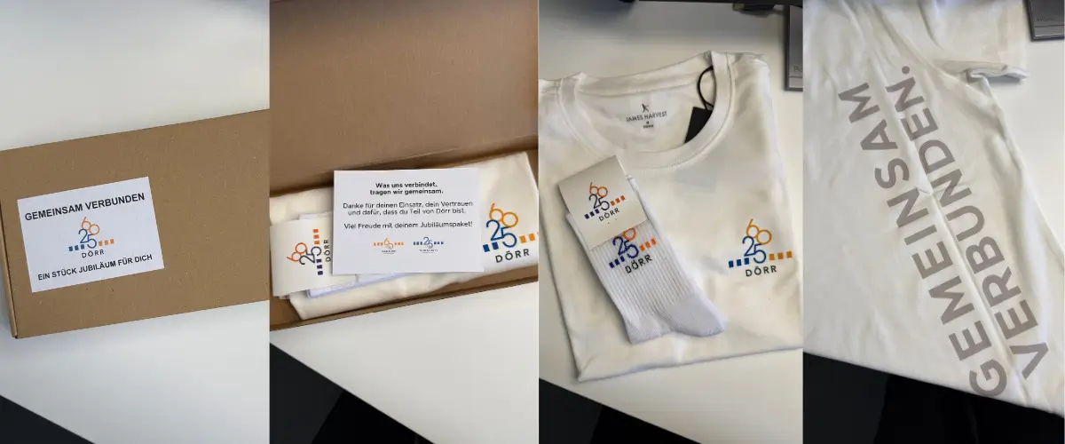 Collage aus 4 Bildern mit Mailing, Bild 1: Karton verpackt, Bild 2: Karton aufgeklappt, Bild 3: Shirt und Tennissocken, Bild 4: Rückseite Shirt