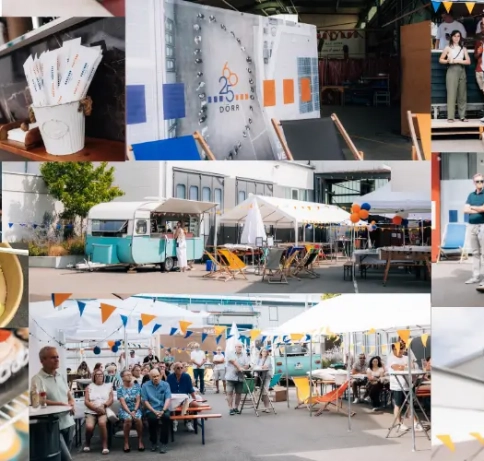 Collage Sommerfest mit Eindrücken von Essen, Feier, Stimmung, Gesprächen etc.