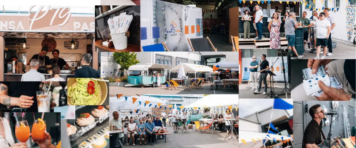 Collage Sommerfest mit Eindrücken von Essen, Feier, Stimmung, Gesprächen etc.