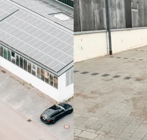 Foto Parkplatz, Links ein Bild vom alten Platz mit Steinchen, rechts ein Bild von neuen gepflasterten Parkplatz.