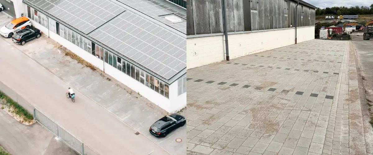 Foto Parkplatz, Links ein Bild vom alten Platz mit Steinchen, rechts ein Bild von neuen gepflasterten Parkplatz.