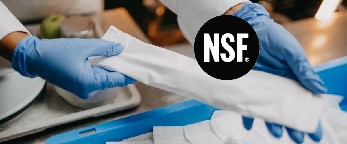 Zwei Hände mit Einweghandschuhen halten eine Serviettenwicklung unserer Besteckeinwickelmaschine, die Besteck einwickelt. Darüber ist ein NSF-Logo platziert.